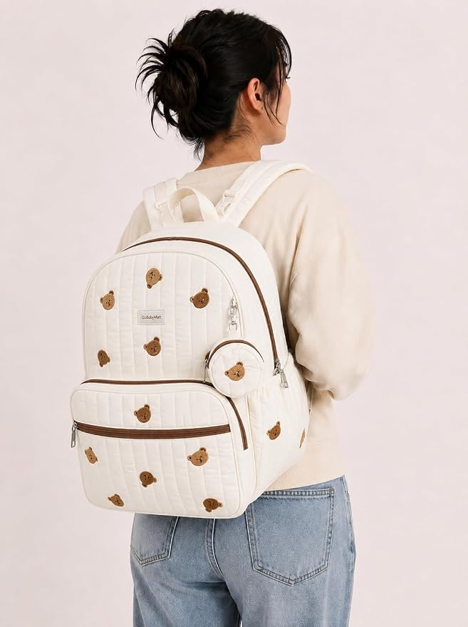 GOBABYMART Large Diaper Bag Backpack with Changing Pad, Insulated Bottle Pockets, Travel & Hospital Bag for Mom & Dad (Small - Beige Bears)