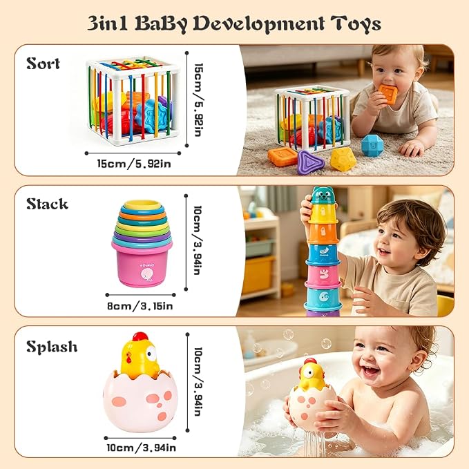 4 in1 Montessori Toys for 1 Year Old,17 Pcs Boys Girls 1st Birthday Gifts, Stacking Cups,Shape Sorter,Multi Sensory Shapes for Babies Early Educational Baby Travel Toys for Toddler 6-12 Months