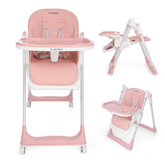 Cochildor 3-in-1 Foldable High Chair for Babies & Toddlers – Adjustable Height, Reclining Seat, 5-Point Safety Harness, Removable Tray, Lockable Wheels, Washable Cushion – Portable & Easy Clean, Pink