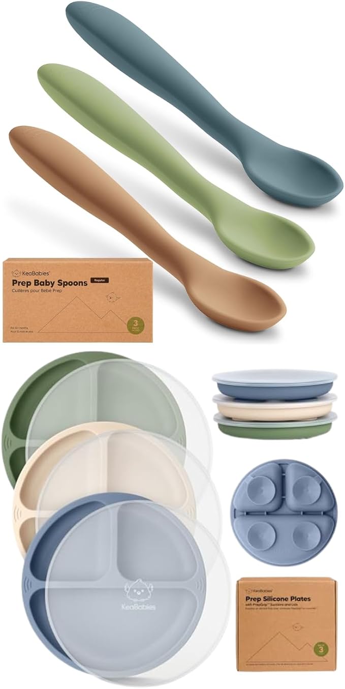 KeaBabies 3-Pack Silicone Baby Spoons and 3-Pack Suction Plates with Lids - Toddler First Food Training Spoon - 100% Silicone Suction Plates with Lids for Babies