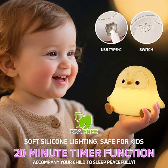 Cute Penguin Night Light, Squishy Silicone LED Night Lamp, Novelty Nursery Nightlight for Kids, Rechargeable Animal Touch Lamp Bedside Lamp, 2 Levels Dimmable, Room Decor Gifts for Girls Boys Baby