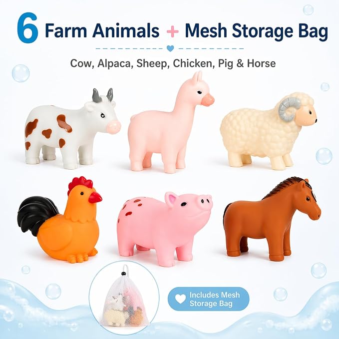 No Hole Bath Toys for Babies, 6 Pack Sealed Farm Animal Bath Toys for Toddlers 1-3 with Mesh Storage Bag, Soft Non-Squirting Baby Water Toys, Cow Pig Horse Sheep Chicken Alpaca