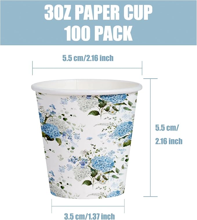 WRAPAHOLIC 3oz Paper Cups - 100 Pack Disposable Bathroom Cups with Hydrangea Flower Design, Small Mouthwash Cup for Toothbrush Rinse, Home Bathroom, Picnic, BBQ, Travel and Party