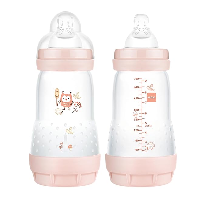 MAM Easy Start Matte Anti-Colic Baby Bottles, 9 oz (2 Count) & Plastic Trainer Cup (1 Count), 8 oz. Trainer Drinking Cup with Extra-Soft Spout