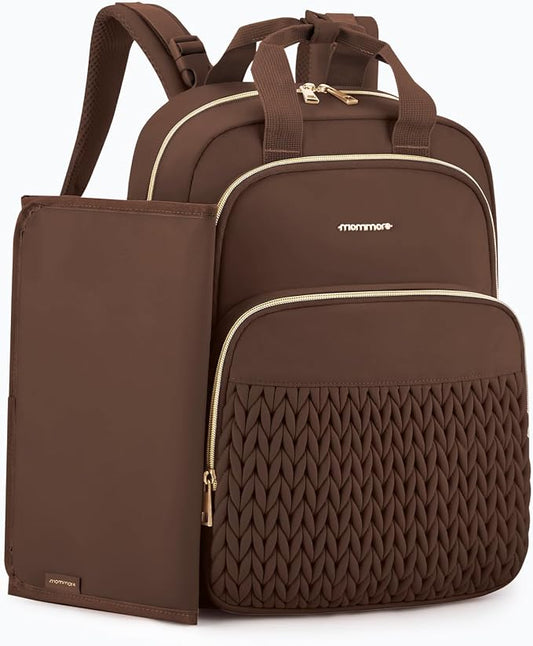 mommore Diaper Bag Backpack, Stylish Travel Baby Bag with Insulated Pockets, Changing Pad and Stroller Straps for Toddler (Coffee-27L, Large)
