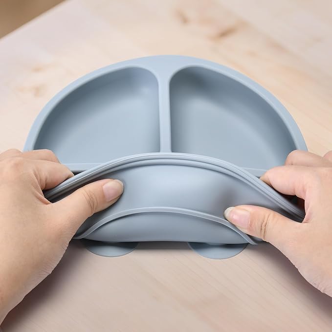 Silicone Baby Feeding Set, Includes Baby Spoons, Toddler Plates and Baby Fork, Suction Plates for Toddlers Divided Design, Microwave and Dishwasher Safe (C-2)