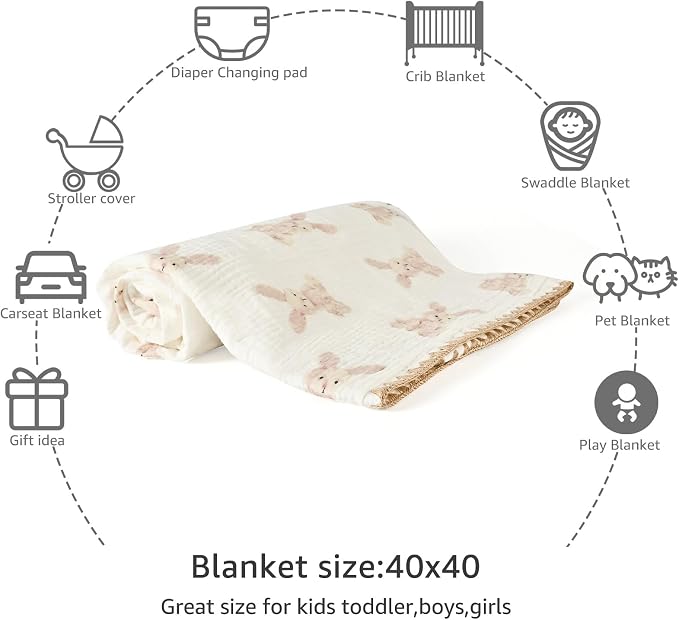 Baby Blanket 40x40 Inches,Muslin Cotton and Minky Dotted Double Layer Soft Receiving Blanket for Newborn Toddler,Bunny