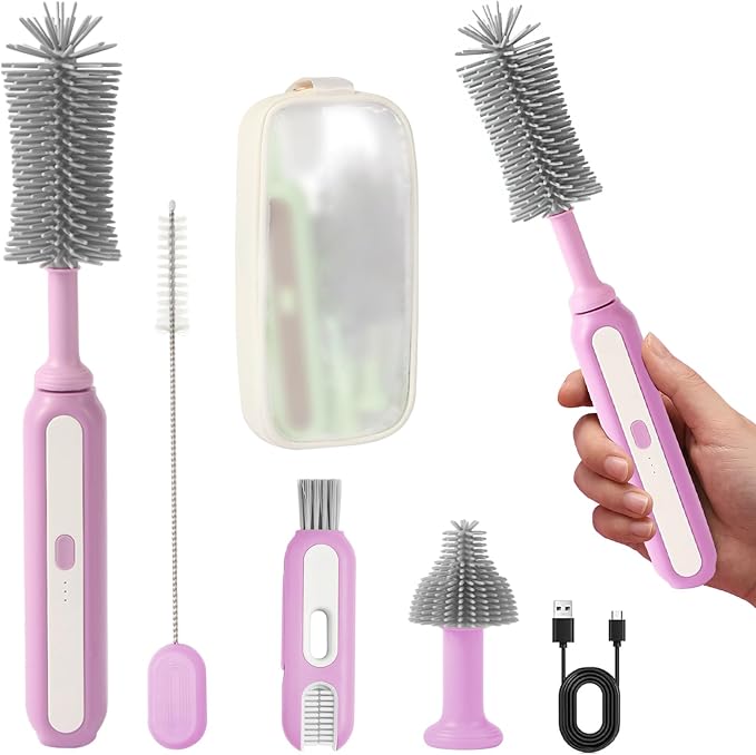 Electric Baby Bottle Brush Cleaner, 5-in-1 Travel Kit with Storage Bag, Food-Grade Silicone, Long Battery Life, Portable Baby Bottle Cleaner Brush Set, Ideal Gift for Parents & Babies (Purple)