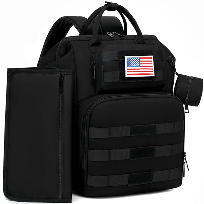 ROSEGIN Diaper Bag Backpack for Dad and Men, Large Travel Baby Bag with Changing Pad, Pacifier Case, Removable Flag Patch - Baby Shower Gifts - Shadow Black