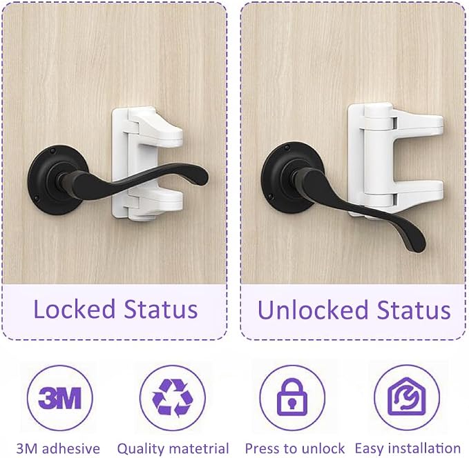 Door Handle Baby Proof, 2 Pack Door Locks for Kids Safety No Drilling, Strong 3M Adhesive Door Lever Lock Child Proof Cabinet Simple Install and No Tools Needed, White