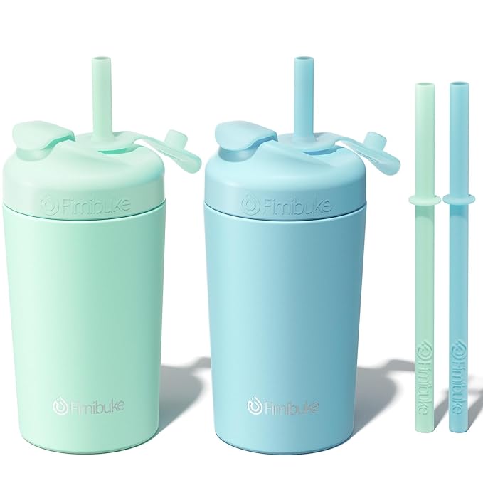 Fimibuke Kids & Toddler Cups, 10 OZ Spill Proof Straw Cups for Toddlers, 2 Pack Leak-Proof Kid Insulated Tumbler with Screw-On Lid & Silicone Straw with Stopper, Stainless Steel Sippy Cup for Girl Boy