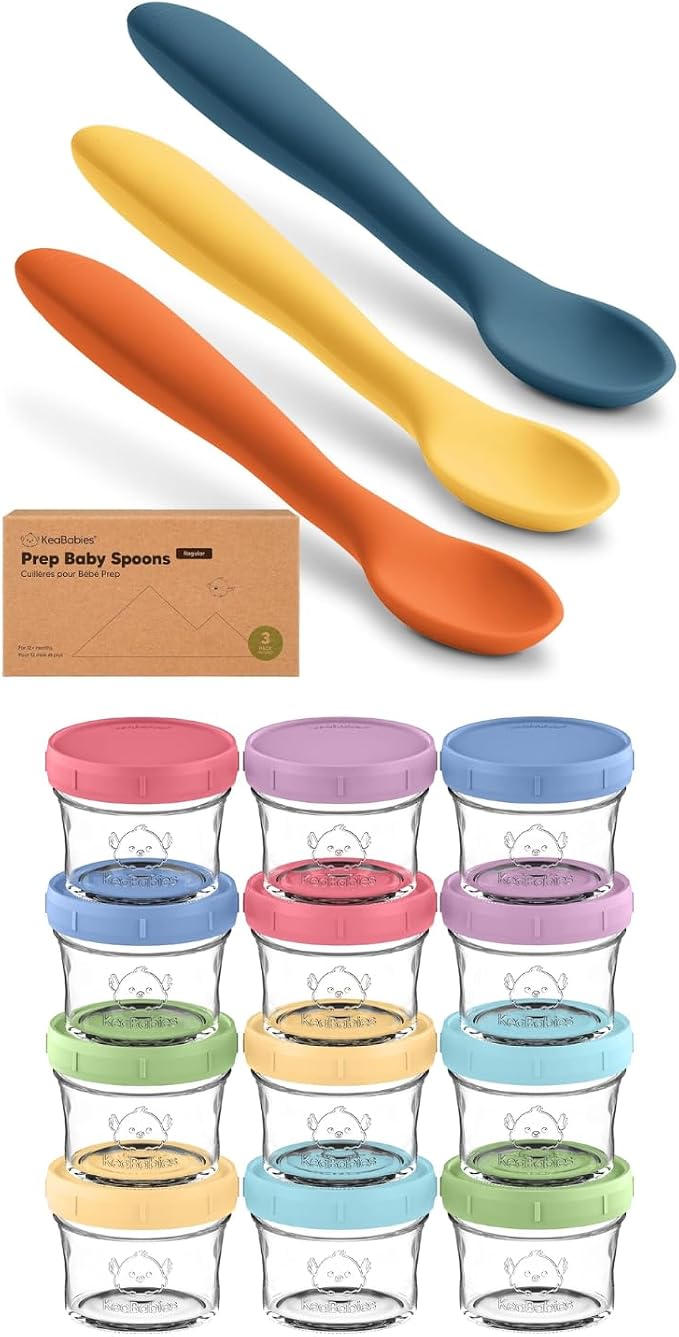 KeaBabies 3-Pack Silicone Baby Spoons and 12-Pack Baby Food Containers - Toddler First Food Training Spoon - 4 oz Leak-Proof, Microwavable Feeding Container
