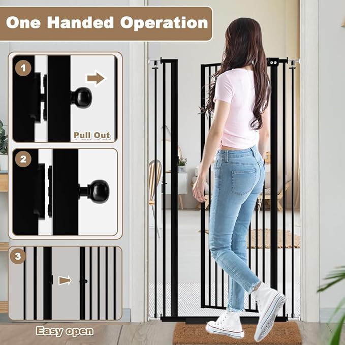Mornyray 57"" Extra Tall Cat Gate 38.58'' - 43.31'' Wide Dog Gate Inoor, Baby Gate with Cat Door Walk Through Swing Auto Close Safety Dog Pet Gate for Indoor Stairs, Doorways (Black)