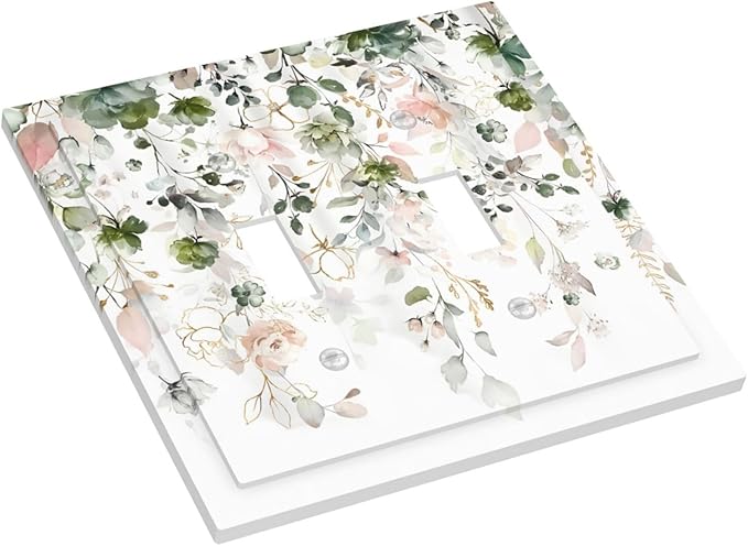 Green Pink Floral Flower Rustic Eucalyptus Leaves Wildflower Decorative Switch Plates 2 Gang Double Toggle Outlet Light Switch Cover Wall Plate Electrical Faceplate for Bedroom Living Room Decor
