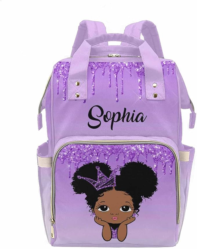 M YESCUSTOM Custom Name Diaper Bag, Personalized Purple Glitter Nylon Nursing Mommy Bags Gradient Waterproof Travel Backpack with Large Capacity for Women