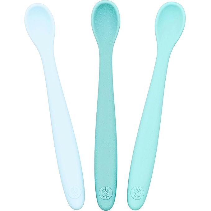 WeeSprout Silicone Baby Spoons - First Stage Infant Feeding Utensils With Soft-Tip, Bendable Kitchenware for Parent & Self-Feeding, Ultra-Durable, Dishwasher Safe, Travel Case, Set of 3