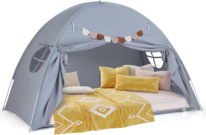 HONEY JOY Bed Tent Twin for Kids, Foldable Play Tent Canopy w/Flags, Windows, Indoor Outdoor Playhouse Toddler Tent, 79” x 39” x 48”, Washable, Kids Tent for Boys Girls Aged 3+, Birthday (Gray)