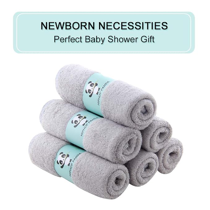 HIPHOP PANDA Baby Washcloths, Rayon Made from Bamboo - 2 Layer Ultra Soft Absorbent Newborn Bath Face Towel - Reusable Baby Wipes for Delicate Skin - Grey, 30 Pack