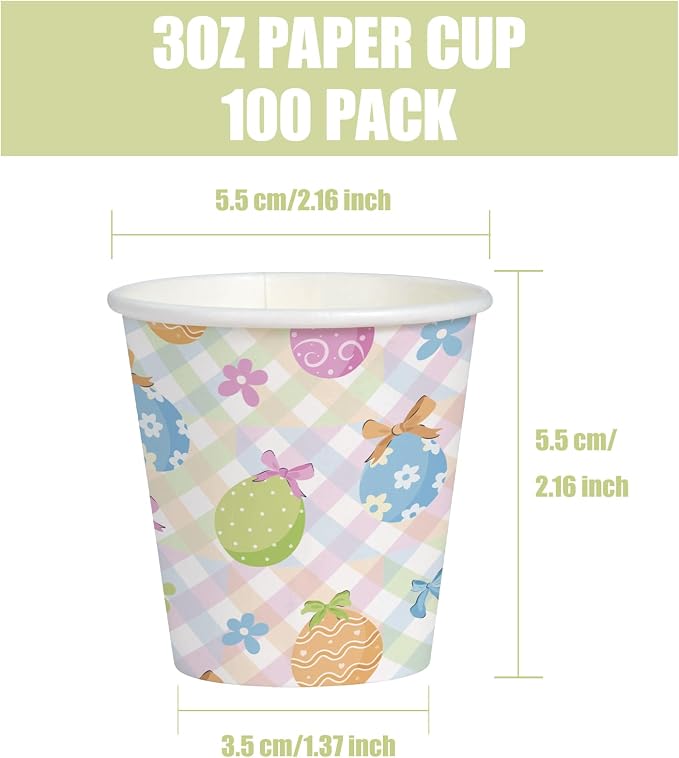 WRAPAHOLIC 3oz Easter Paper Cups - 100 Pack Disposable Bathroom Cups with Colorful Eggs Plaid Design, Small Mouthwash Cup for Toothbrush Rinse, Bathroom, Easter, Baby Shower and Party