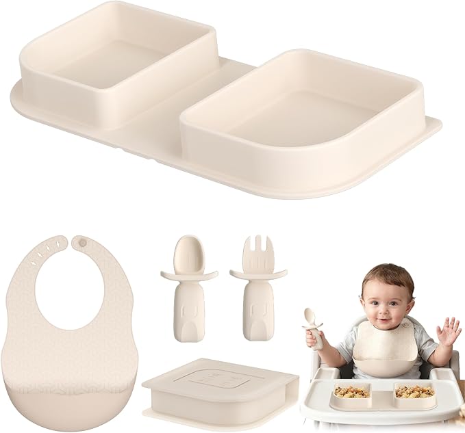 Beige Travel Silicone Foldable Feeding Set, On-the-Go Baby Feeding Supplies Including Toddler Plates, Silicone Baby Spoon&Fork, Adjustable Foldable Bib, Portable Infant Toddler Utensils