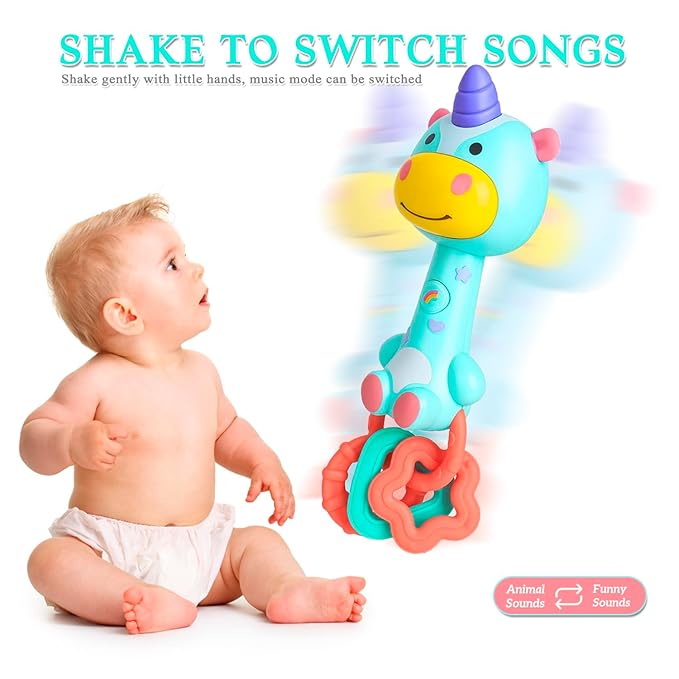 Cute Unicorn Baby Musical Rattle Toy 6-12-18 Months, Light-Up Teether & Sensory Chew Rubber 1st Birthday Gift for 1+ Year Old Boys Girls (Unicorn)