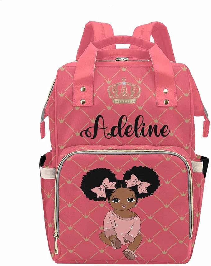 M YESCUSTOM Personalized Name Diaper Bag for Women, Customized Rose Pink Nylon Waterproof Backpack Golden Crown Nursing Mommy Bag Birthday Holiday Gift for Baby