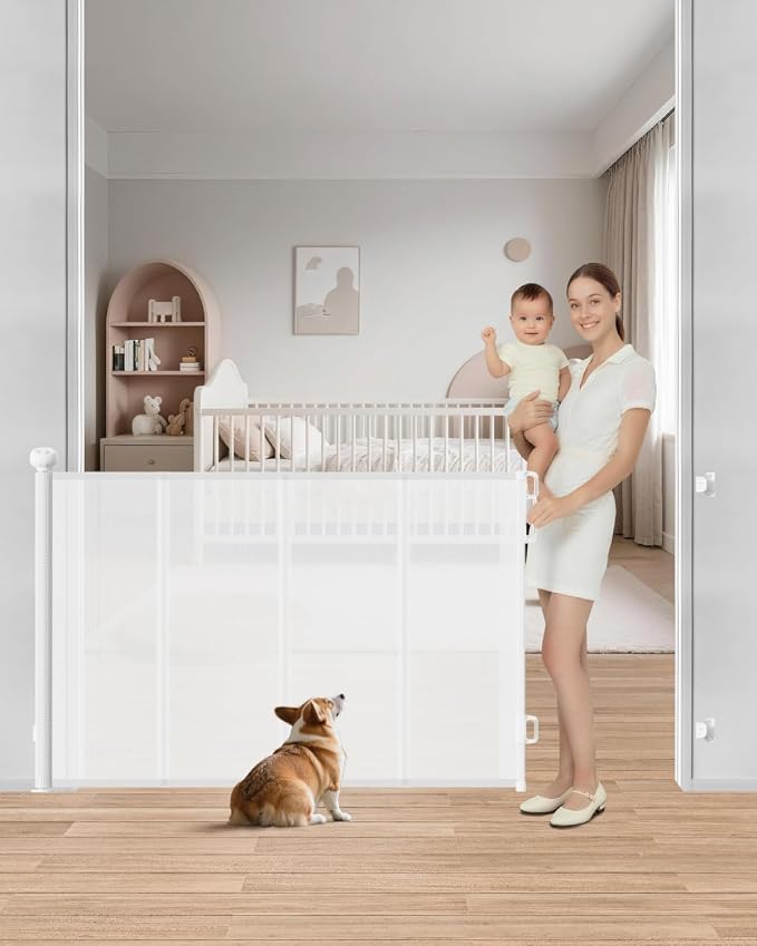 55" Retractable Baby Gates, 34" Tall Mesh Baby Gate with 4 Reinforced Rods, Prevents Kids & Dogs from Crawling Under, Retractable Dog Gate for Doorways, Hallways, Indoor/Outdoor, White