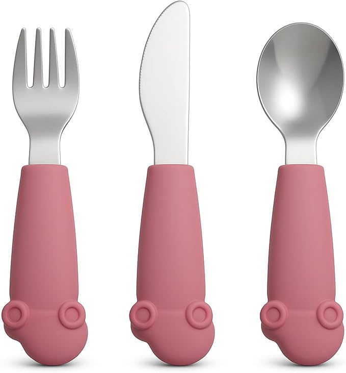 Stainless Steel Silverware Set – Silicone Handle Fork, Spoon & Knife – BPA-Free, Self-Feeding Toddler Utensils | Car Design (Pink Candy)