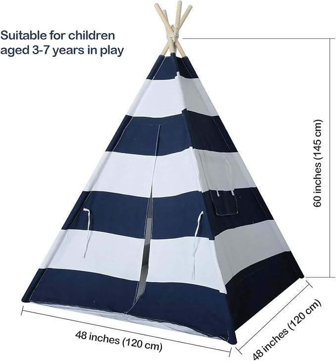 Kids Teepee Tent for Boys Navy White Stripe Teepee Tent Indian Canvas Tents for Toddlers Indoor Playhouse Play Tent for Kids