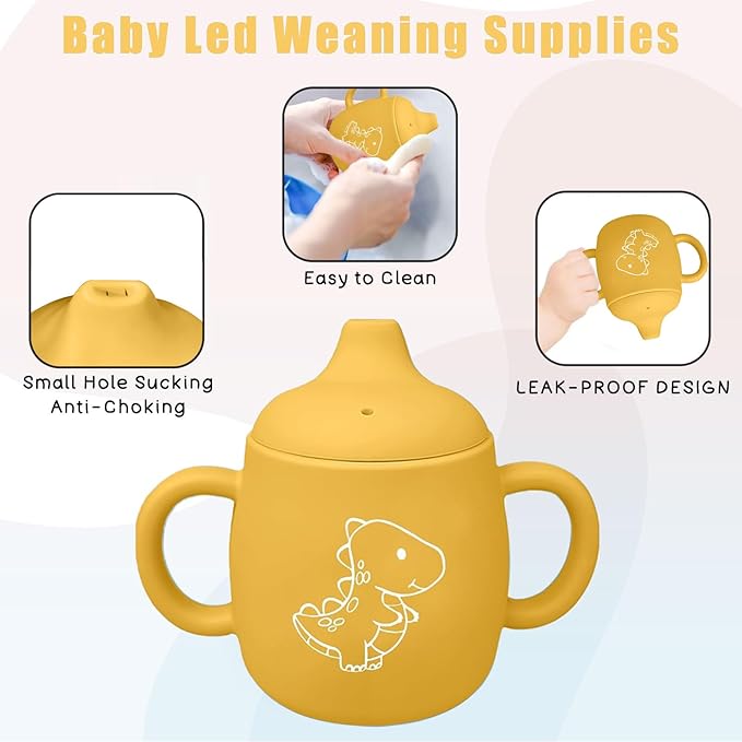Silicone Straw Cup with Handles,Dinosaur Silicone Baby Sippy Cups,Snack Cups for Toddlers,Dual-Purpose Toddler Training Cups,3 Stages Training Cup Dishwasher Safe and BPA Free 9 oz (Yellow)