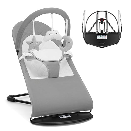 Portable Baby Bouncer Seat for Babies 0-18 Months, 100% Cotton Fabrics, Adjustable Multi Position Baby Bouncer Seat, Infant Rocker Chair with Hanging Toys-Light Grey