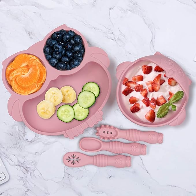 Owl Shape Silicone Baby Feeding Set, Toddler Suction Plates and Bowls Set with Spoons, Kids Silicone Dinnerware Set Eating Utensils, Pink