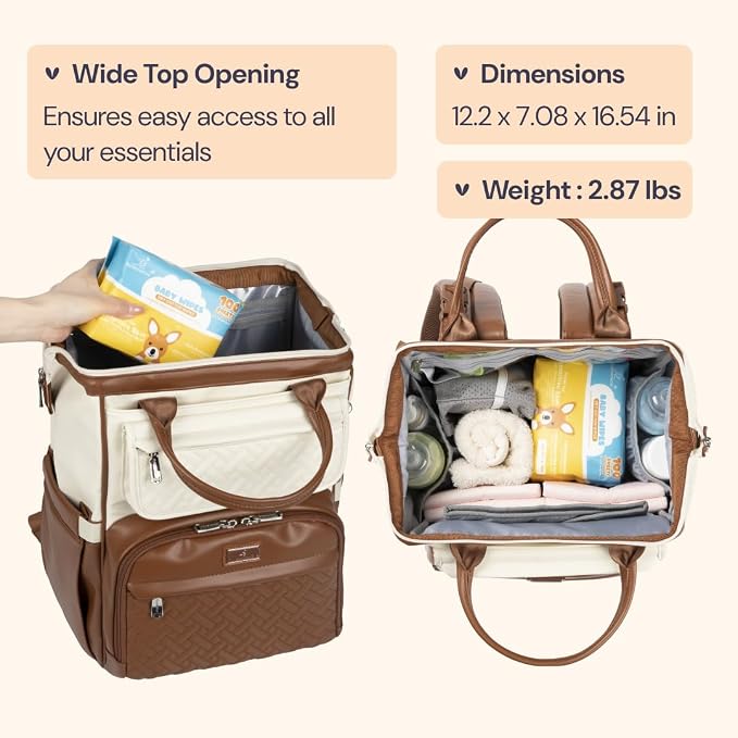 BabbleRoo Leather Diaper Bag Backpack, Multifunction Large Bags with Changing Pad & Stroller Straps & Pacifier Case, Unisex Stylish Travel Back Pack Nappy Changing Bag for Moms Dads (Coffee Cream)
