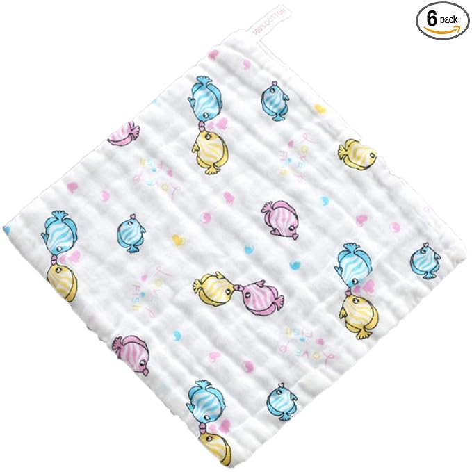 6 Layers of Baby Washcloths Natural Muslin Cotton with Cartoon Printed Design, Newborn Baby Face Towel Perfect Gifts Set of 6, Extra Soft, Breathable, 10x10 Inches (Kissing Fish)