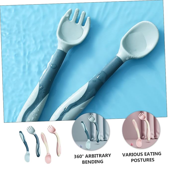 Cabilock 2 Sets Utensils Flexible Silicone Spoons and Forks Soft Bendable Cutlery for Lightweight Portable Tableware