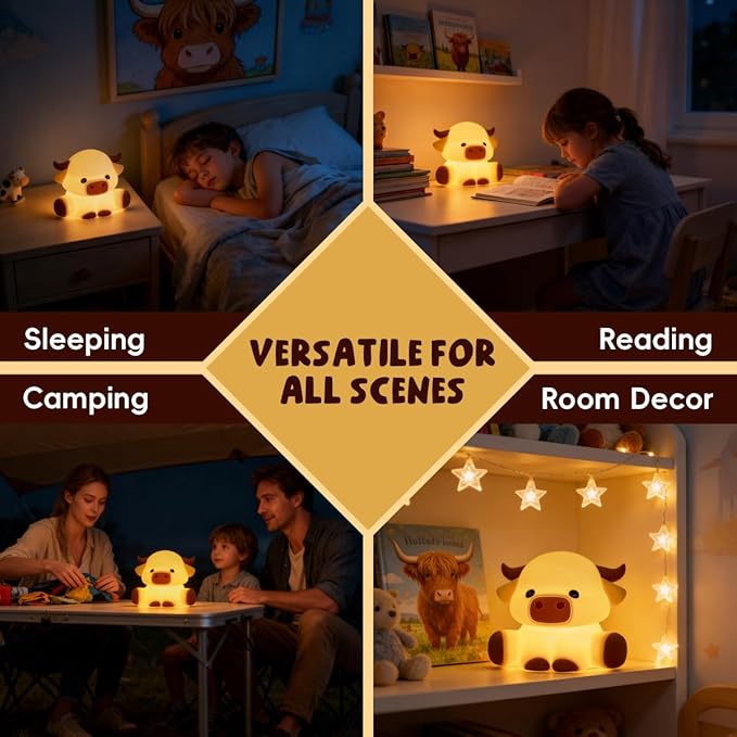 Highland Cow Night Light for Kids, Squishy Touch Control Rechargeable Dimmable Lamp with Timer, Cute Animal Nursery Night Light Boys and Girls Room Decor Gifts