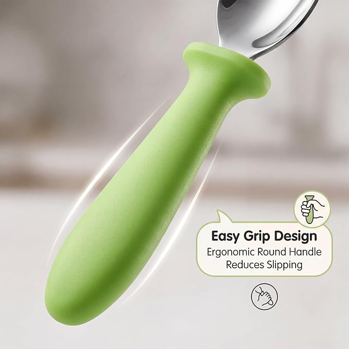 Pimoys 6 Pieces Toddler Utensils Forks and Spoons Kids Silverware Set Stainless Steel Toddler Silverware - Plastic Handle for Self-Feeding Training Daily Meals and Travel Use Dishwasher Safe