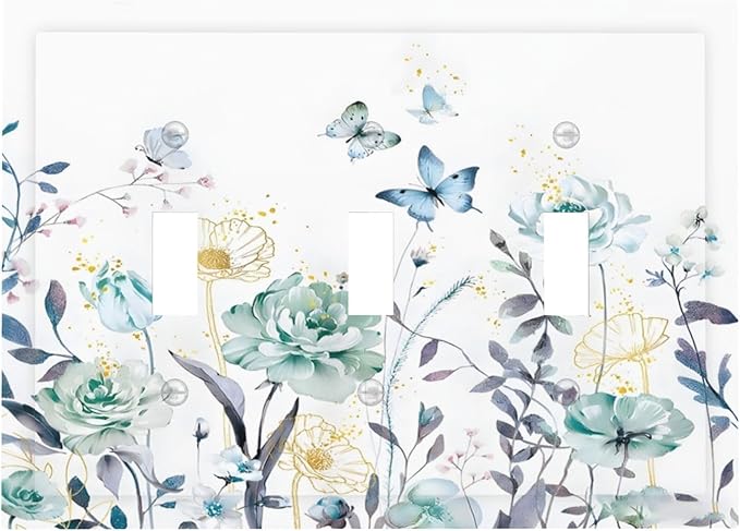 Romantic Floral Butterfly Leaf Flower Golden Pollen Decorative Switch Plates 3 Gang Wall Plate Triple Toggle Light Switch Cover Faceplate Electrical Wall Panels for Bedroom Living Room Decor