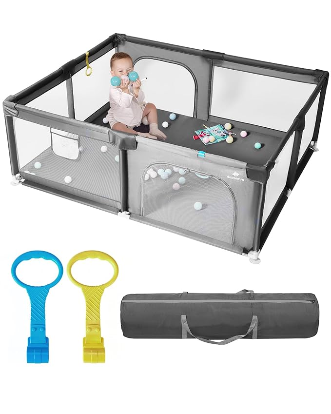 [Upgraded] dearlomum 71"x59" Baby Playpen,Extra Large Playard with Thickened Steel Pipes,Sturdy Soft Mesh Safety Fence for Toddlers(Gray)