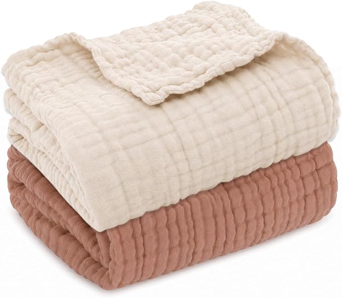 Aablexema Muslin Baby Blanket Set of 2, 6-Layer 43 x 43 Inches Newborn Toddler Bath Towel Swaddle Wrap Blankets for Boys Girls (Beige & Coffee)