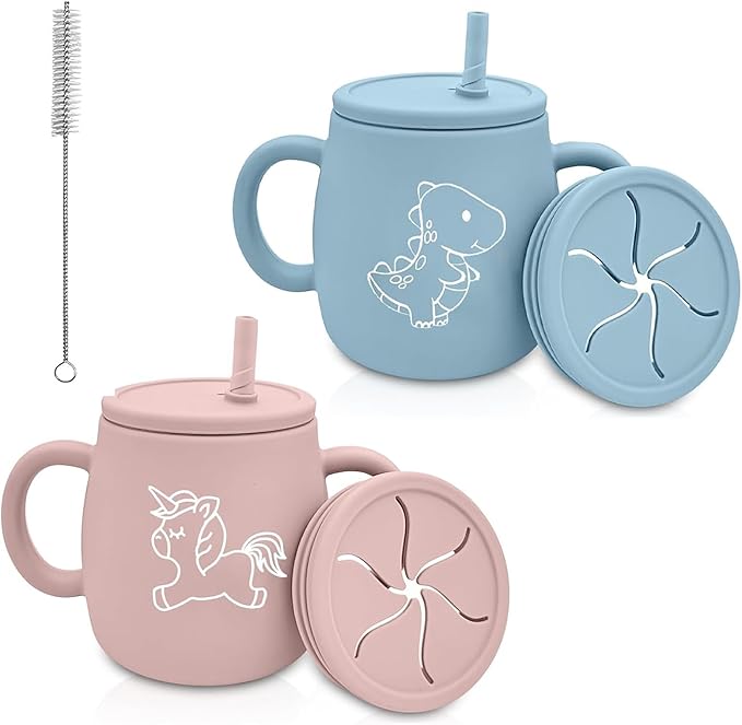 Silicone Straw Cup with Handles,2 PACK Silicone Baby Sippy Cups,Snack Cups for Toddlers,Dual-Purpose Toddler Training Cups,3 Stages Training Cup Dishwasher Safe and BPA Free 9 oz (PINK+BLUE)