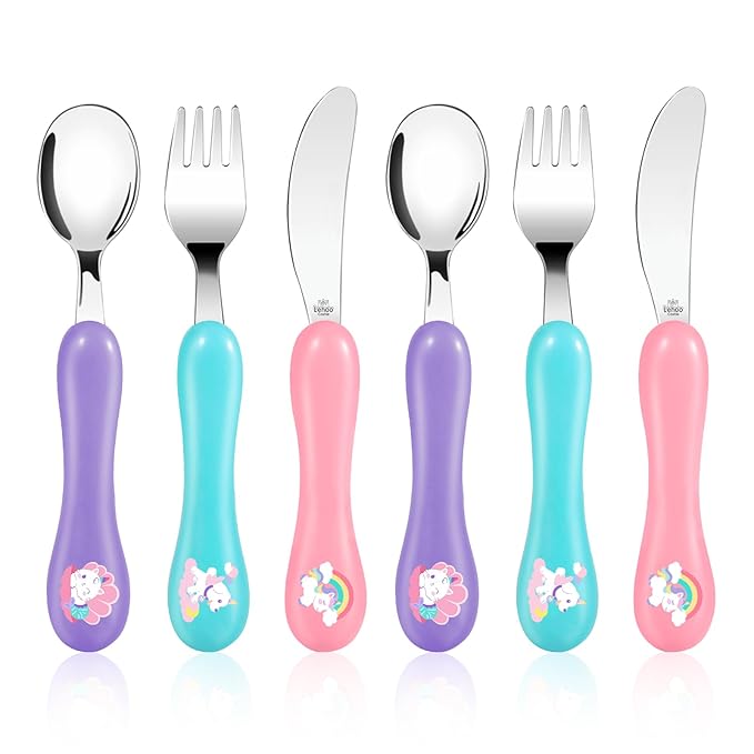 Lehoo Castle 6 Pieces Toddler Utensils, Kids Silverware for 2 3 4 Years Old, Stainless Steel Knife Fork and Spoon Set with Plastic Handle, Safe Toddler Cutlery (Light Pink)