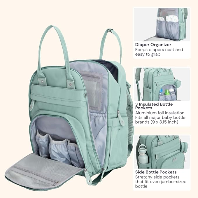 BabbleRoo Diaper Bag Backpack - Baby Essentials Travel Bag - Multi Function Water Resistant Diaper Bag, Travel Essentials Baby Bag with Changing Pad, Stroller Straps & Pacifier Case ??Sage Green