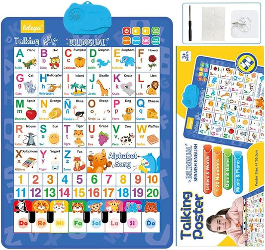 Spanish-English Interactive Learning Poster, Spanish Alphabet ABC Talking Poster with Ñ, Numbers 1-20 Educational Toy for Kids Ages 3+