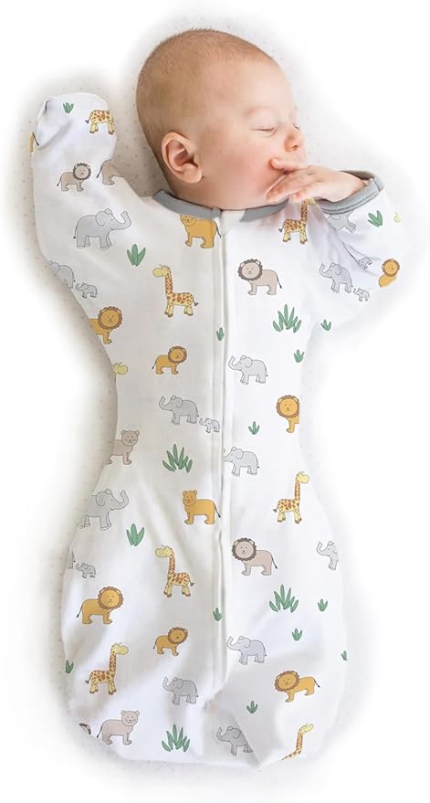 Amazing Baby Transitional Swaddle Sack, Arms Up Half-Length Sleeves & Mitten Cuffs, Swaddle for Newborn Transition to Baby Sleep Sack Wearable Blanket, Small, 0-3 Month, 6-14 lb, On Safari