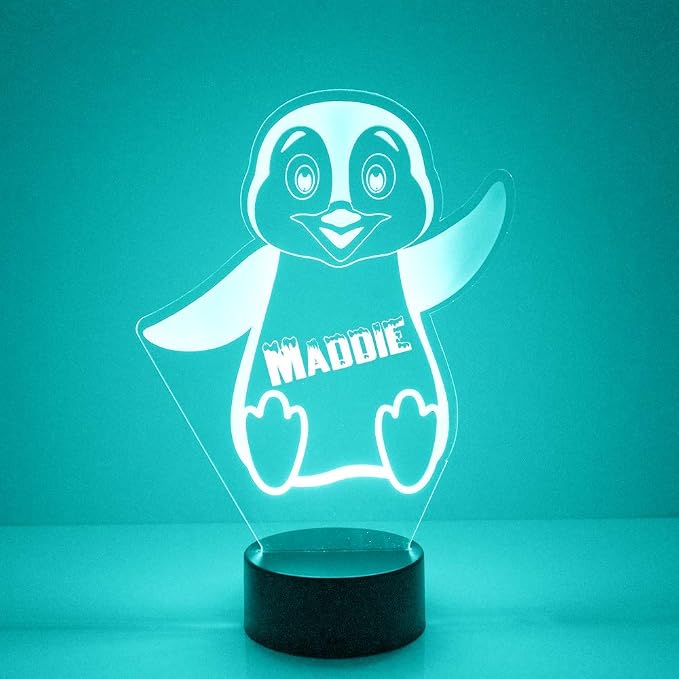 Personalized Penguin LED Sign Night Light Lamp with Remote, Custom Text, Acrylic Display with 16 Colors & 4 Modes, Battery or USB Power, Made in The USA
