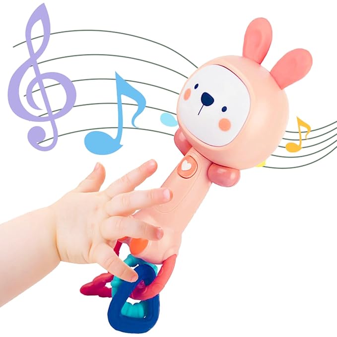 Soft Pink Bunny Baby Musical Rattle Toy - Light-Up Teether & Sensory Chew, BPA-Free Soft Rubber, Baby Shower & 1st Birthday Gift for 6-18 Months 1+ Year Old
