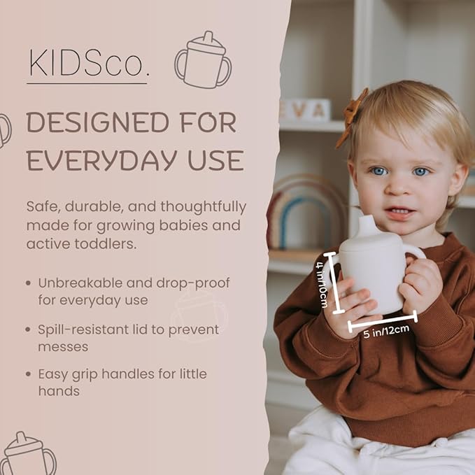 KIDSco. Silicone Sippy Cups (2 Pack) ??Soft Spout & Easy Grip Handles for Babies 6+ months, Plastic Free, Toxic Free Silicone, Leak-Resistant, Dishwasher Safe (Pink and Sandy Shore)