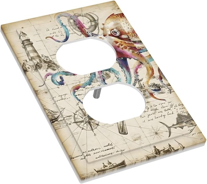 Cool Colorful Nautical Octopus Ocean Kraken Vintage Outlet Covers 1 Gang Duplex Light Switch Cover Decorative Switch Plates Electrical Receptacle Faceplate Wall Plate for Bathroom Farmhouse Decor