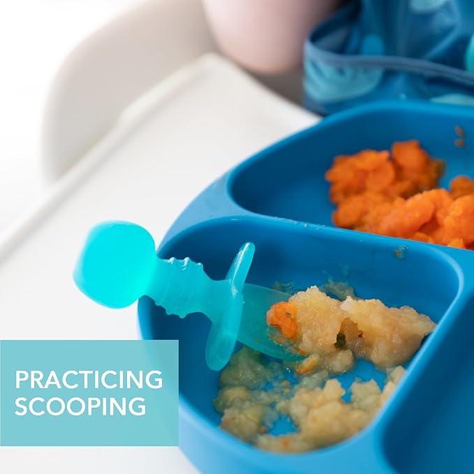 Bumkins Baby Utensils Set, Chewtensils Silicone Spoons for Dipping, Self-Feeding, Baby Led Weaning, Trainer Learning, First Stage Eating, Soft Practice Fork and Spoon, Babies 6 Months, Blue Jelly